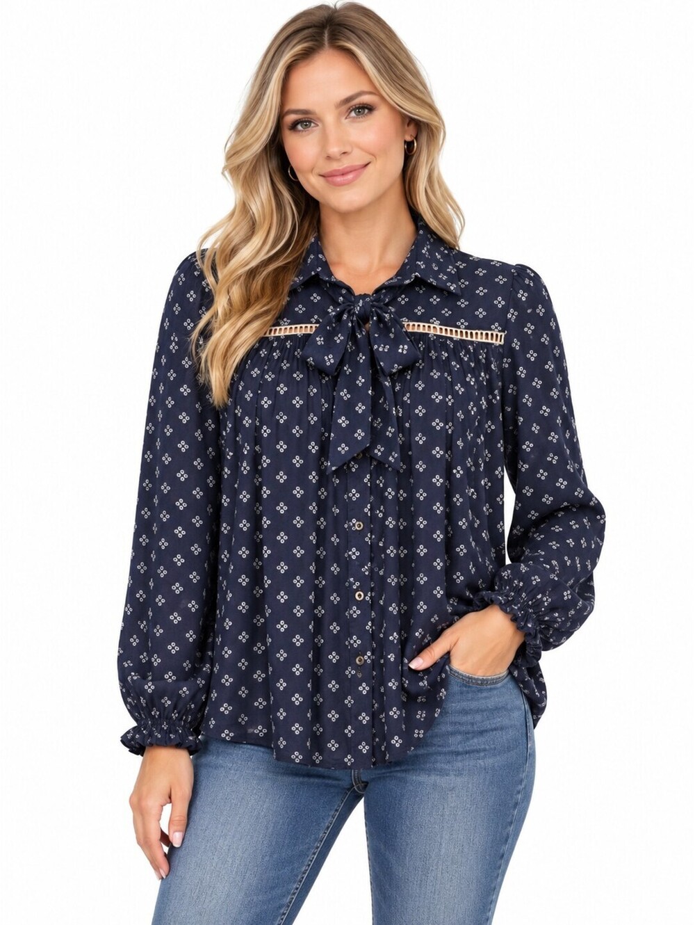 Free People Womens Every Day Girl Size Medium Boho Cottagecore Navy Blue Dot